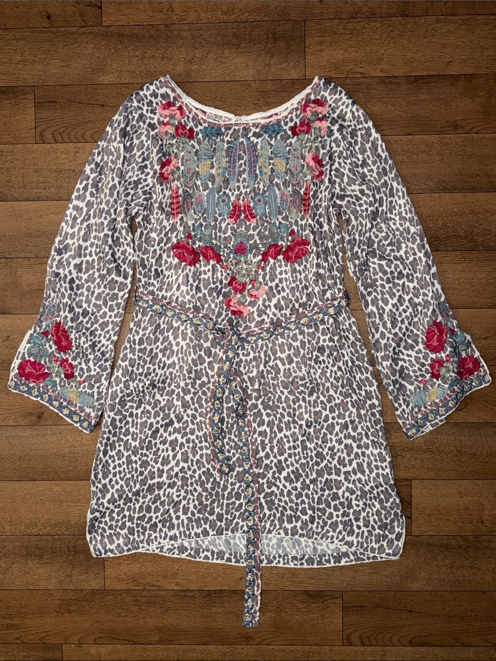 Biya Johnny Was Size Medium Leopard Print Embroidered Belted Dress Bohemian M